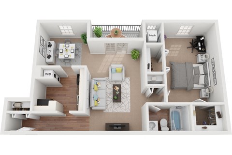 Floor plan for 1 bed, 1 bath, 882 sqft